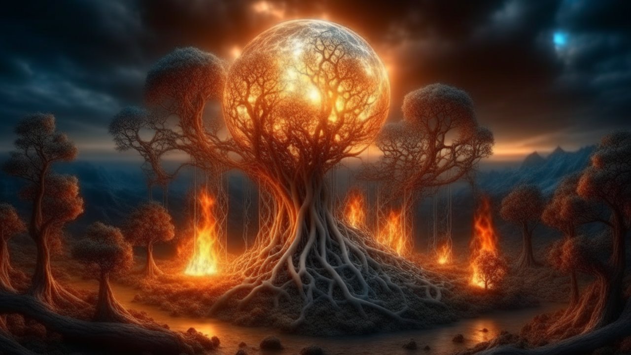 Enchanted Fiery Tree in a Mystical Landscape