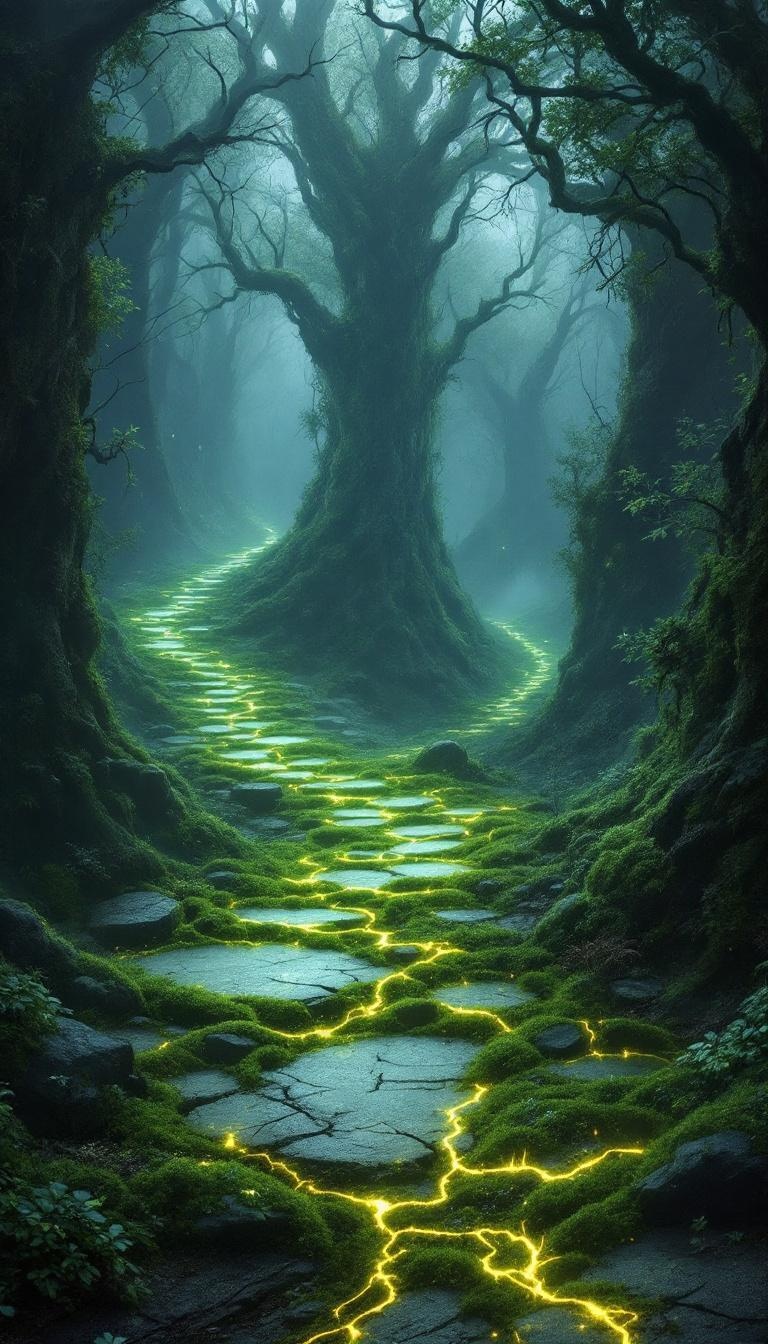 Enchanted Forest Crossroads with Glowing Path