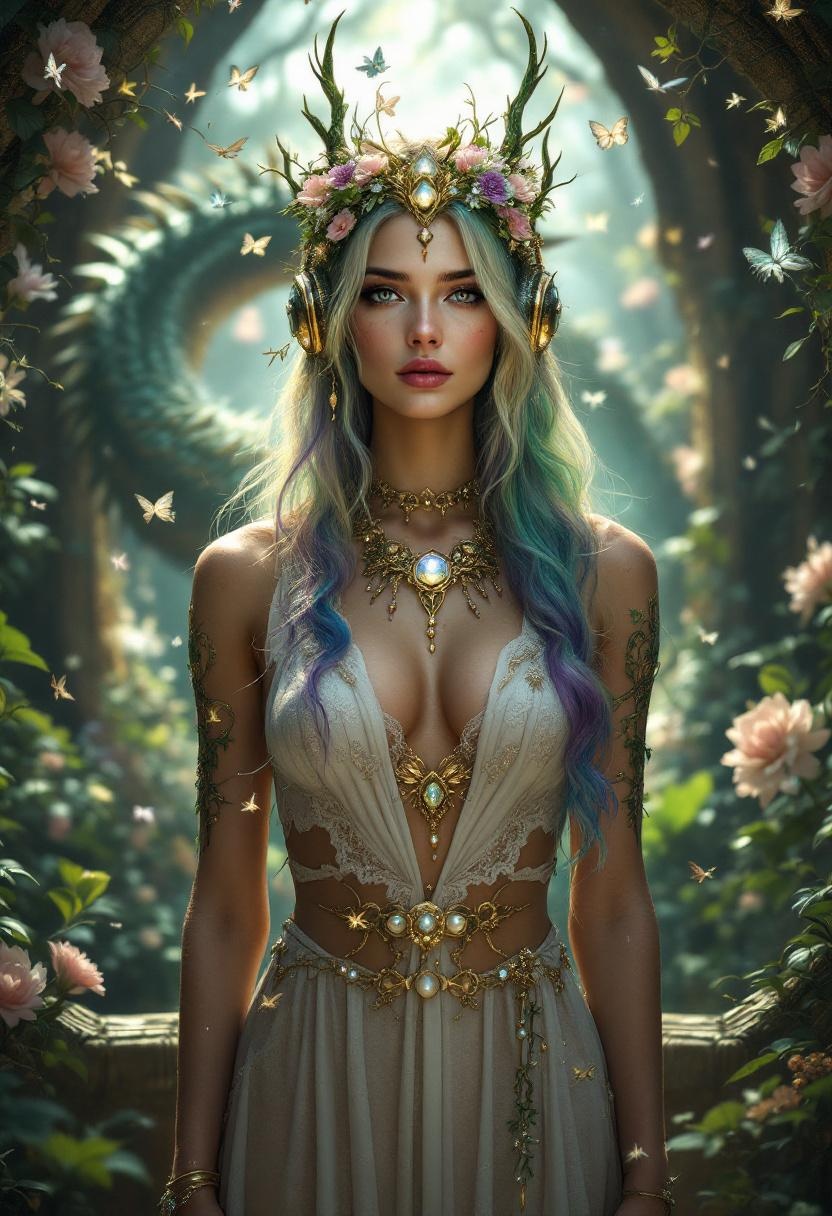 Enchanted Forest Goddess with Floral Crown and Jewels