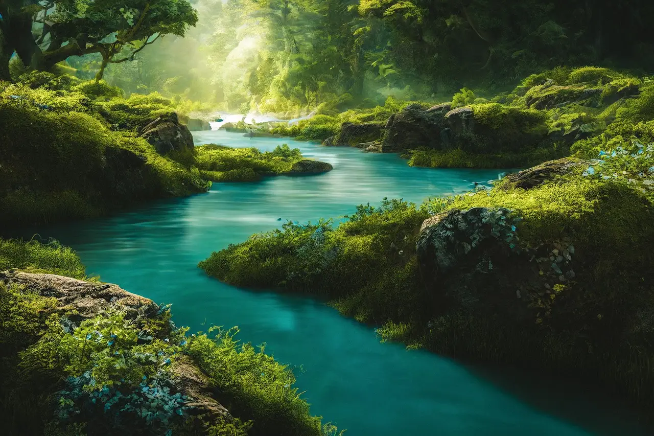 Enchanted Forest River with Lush Greenery