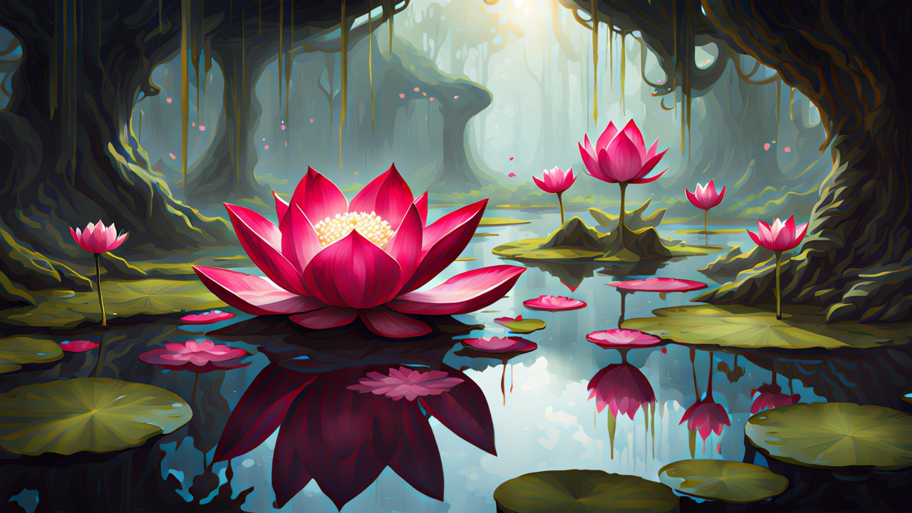 Enchanted Lotus Flowers in a Mystical Forest Pond