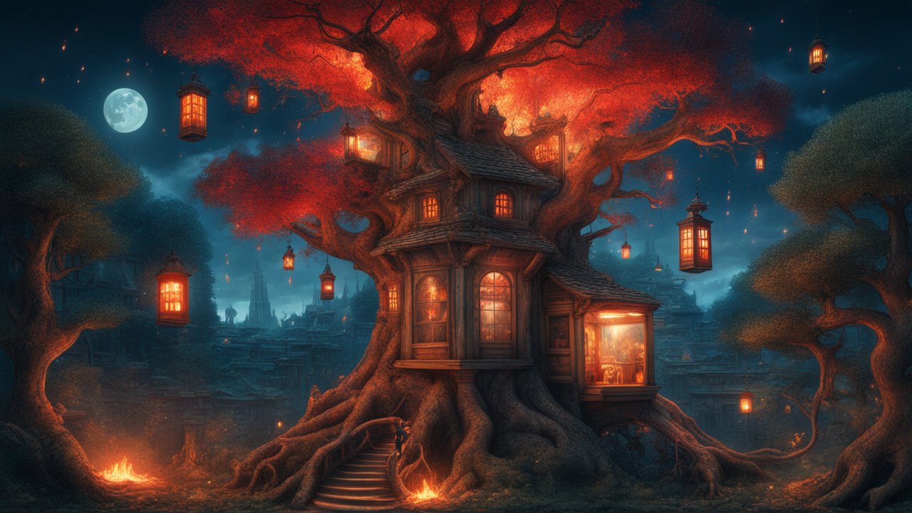 Enchanted Treehouse Illuminated by Lanterns Under a Full Moon
