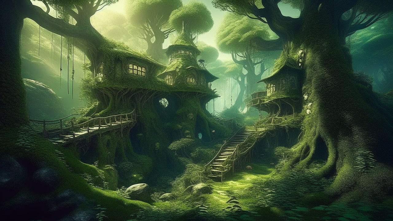 Enchanted Treehouse Village in a Mystical Forest