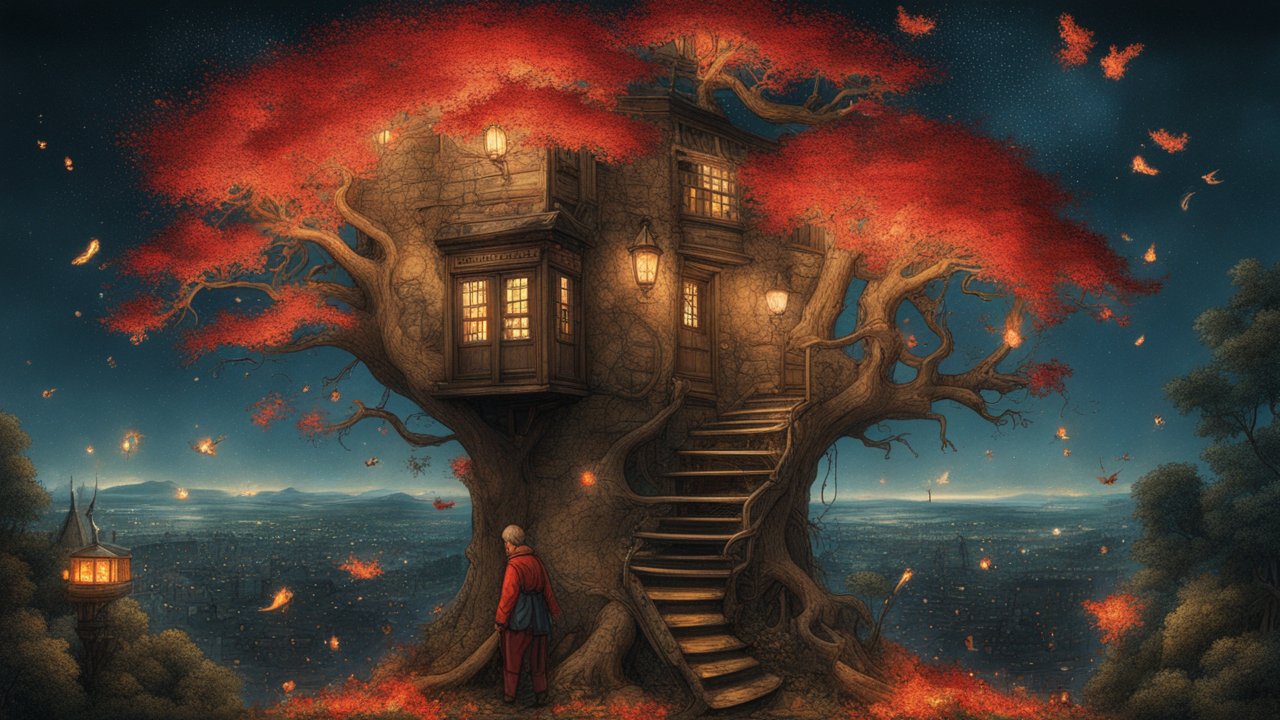 Enchanted Treehouse with Glowing Red Leaves at Night