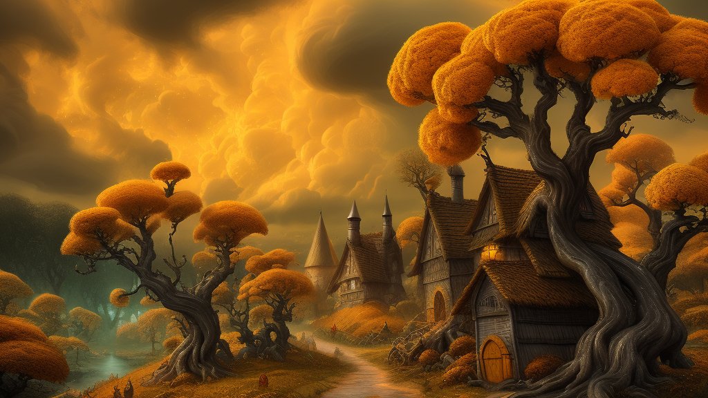 Enchanted Village with Twisted Orange Trees at Sunset