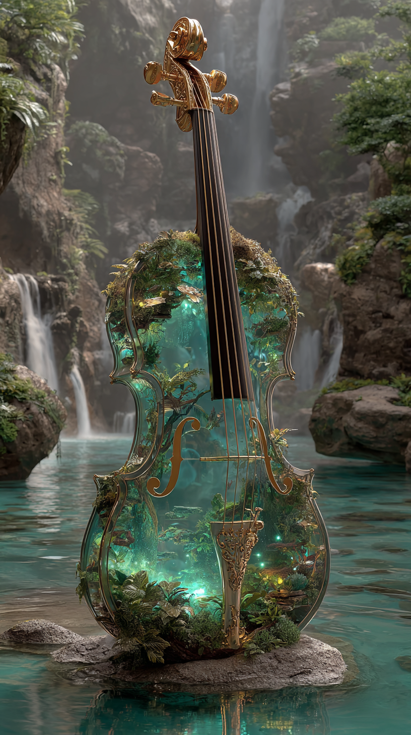 Enchanted Violin with Lush Forest Inside in Mystical Waterfall
