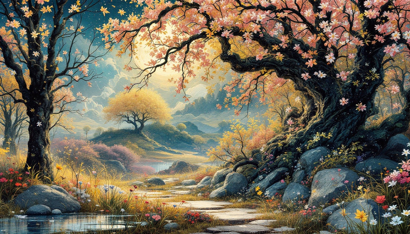 Enchanting Autumn Landscape with Blossoming Trees and Stream