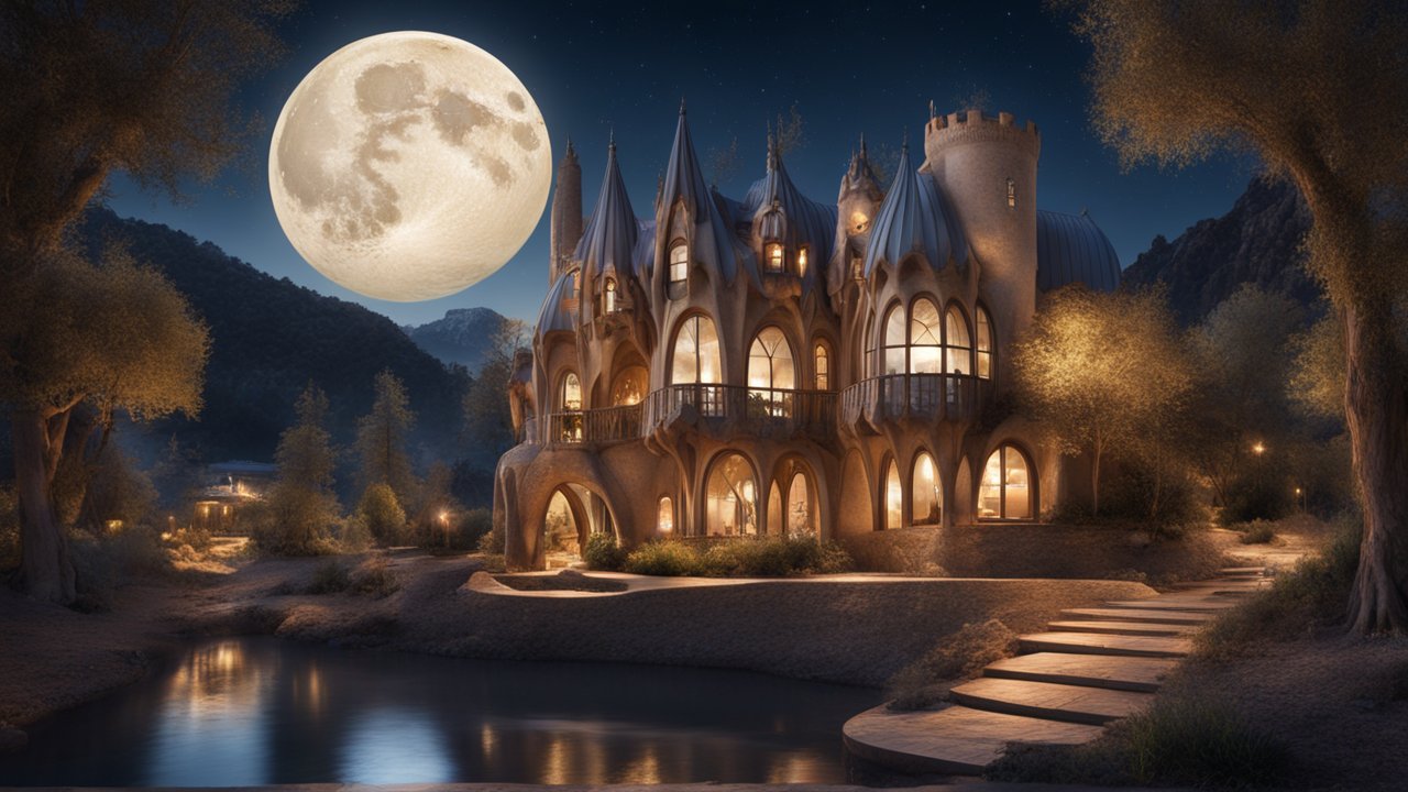 Enchanting Castle-like House Under a Full Moon