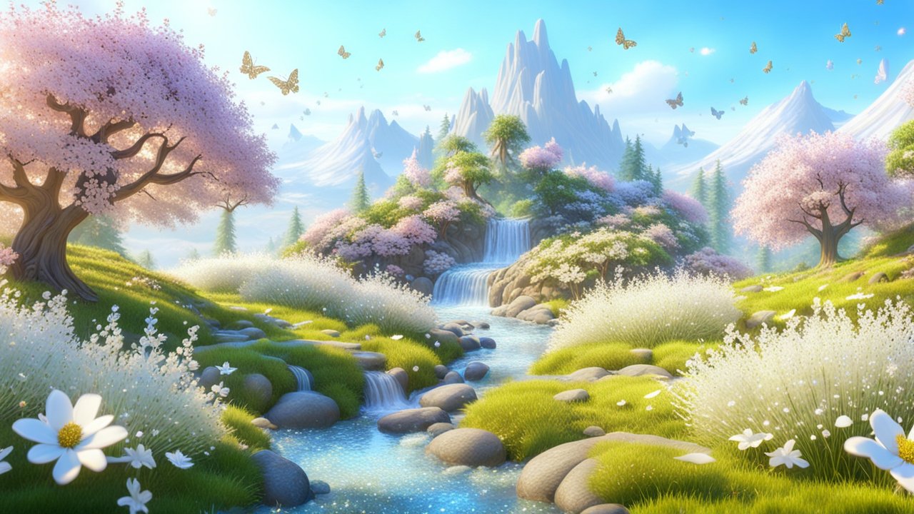 Enchanting Fairy Landscape with Blossoming Trees and Waterfall