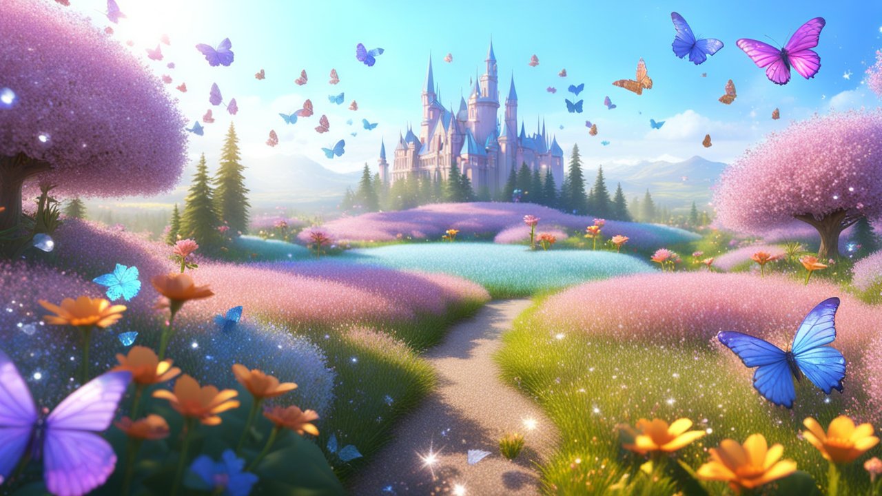 Enchanting Fairy Tale Landscape with Butterflies and Castle