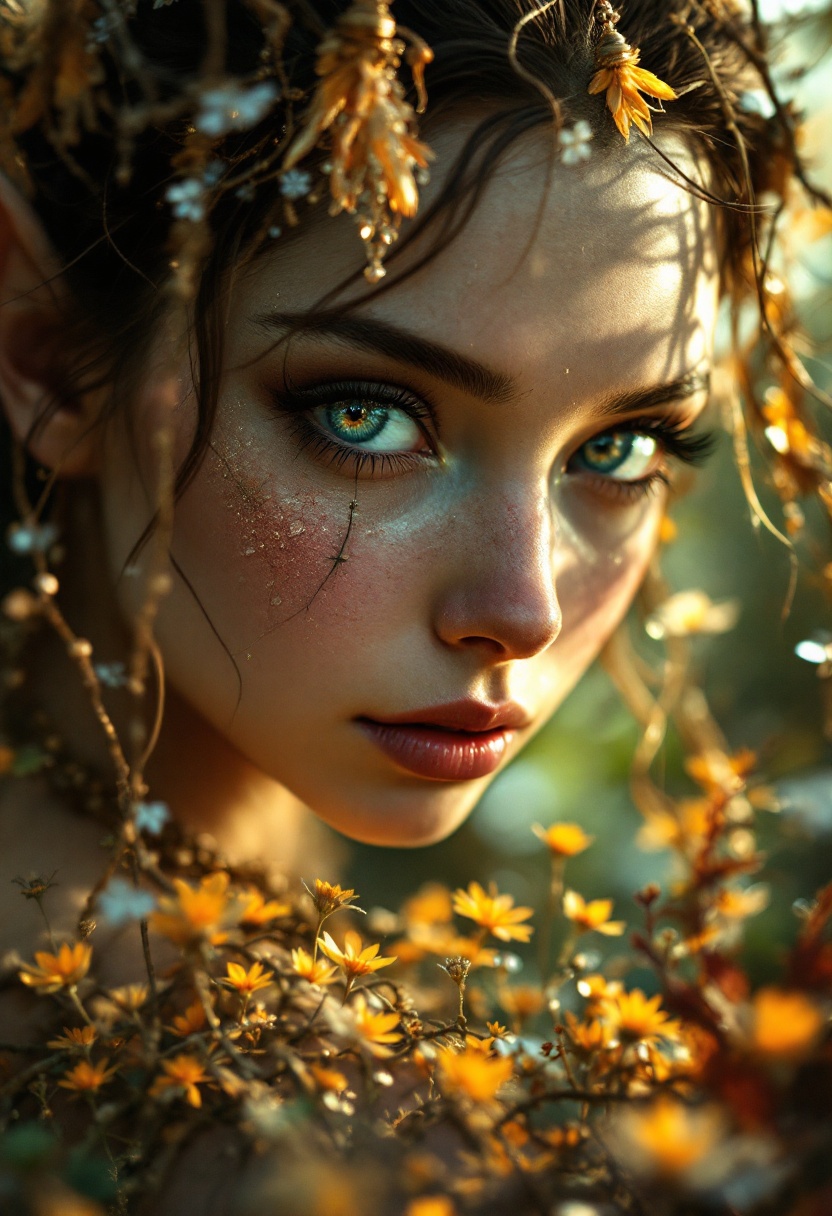 Enchanting Fairy with Luminous Blue Eyes Among Golden Flowers
