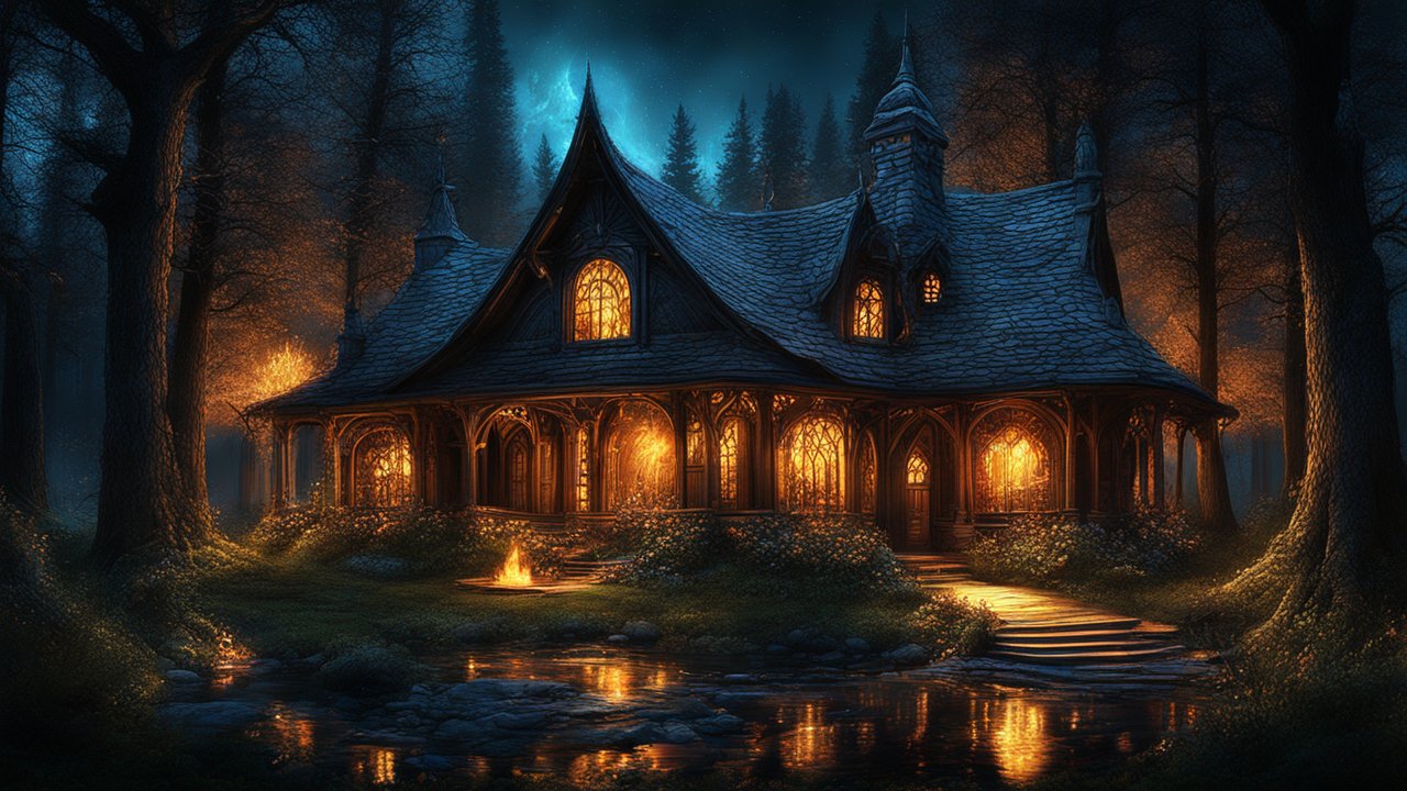 Enchanting Forest Cottage at Night with Warm Glowing Lights