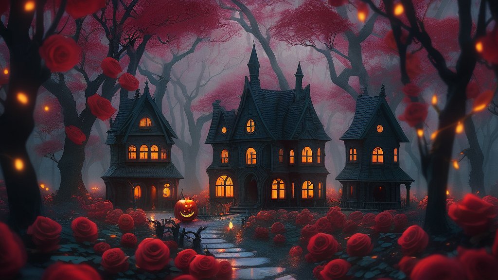 Enchanting Halloween Houses in a Mystical Rose Forest
