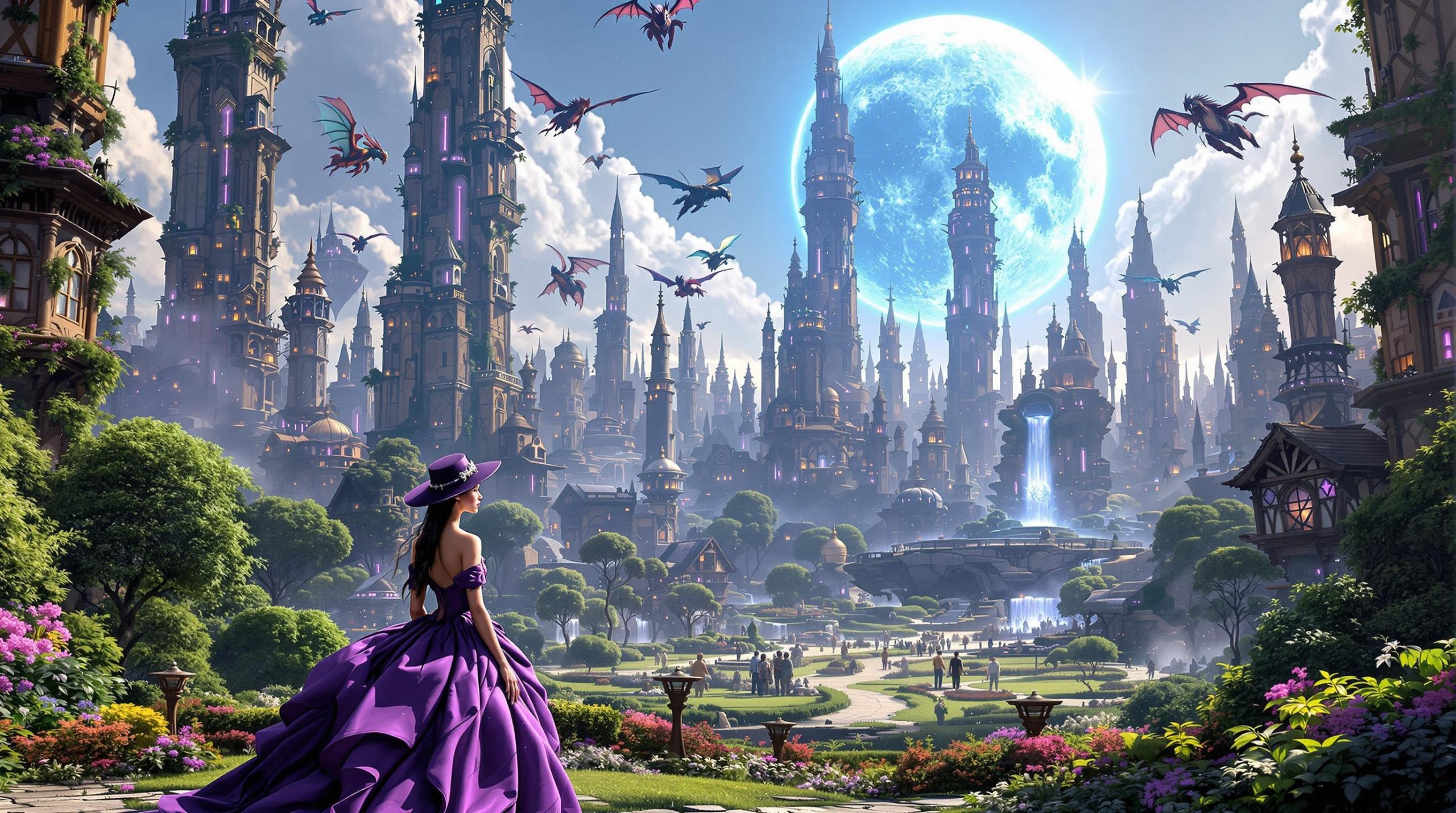 Enchanting Magical Cityscape with Towering Spires and Dragons