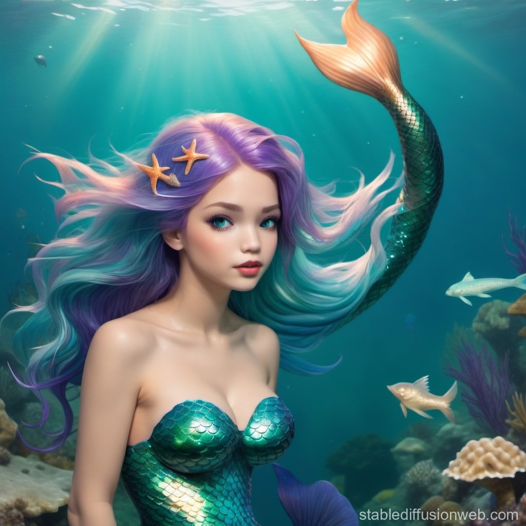 Enchanting Mermaid with Purple and Blue Hair Underwater
