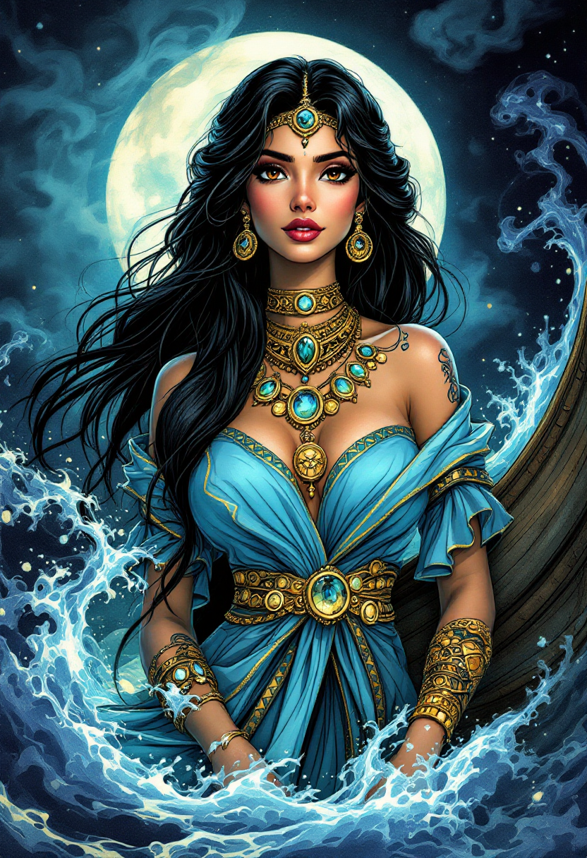 Enchanting Moonlit Sea Goddess in Blue and Gold