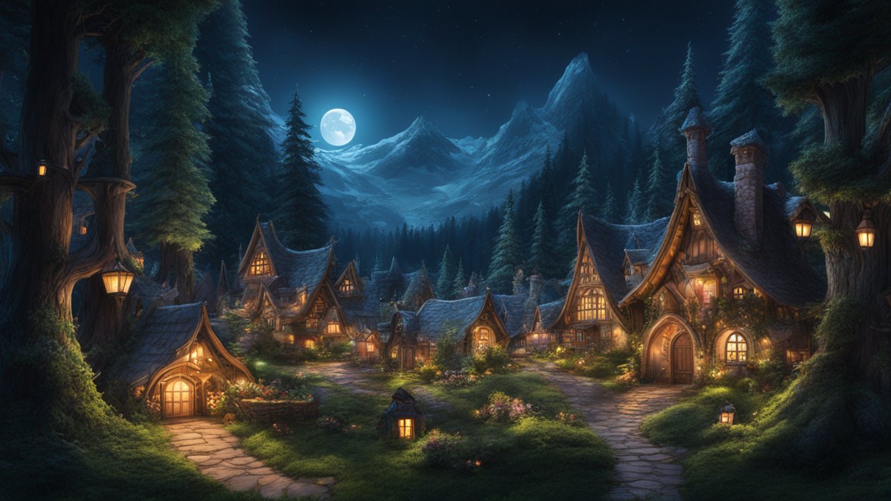 Enchanting Moonlit Village in a Mystical Forest