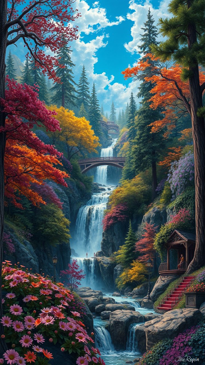 Enchanting Multi-Tiered Waterfall in Vibrant Autumn Forest