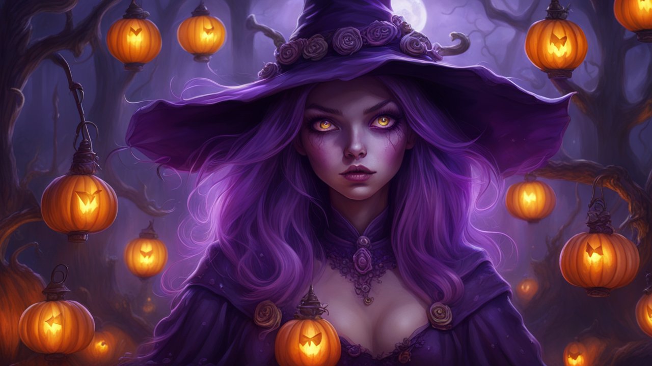 Enchanting Purple Witch with Glowing Jack-o'-Lanterns