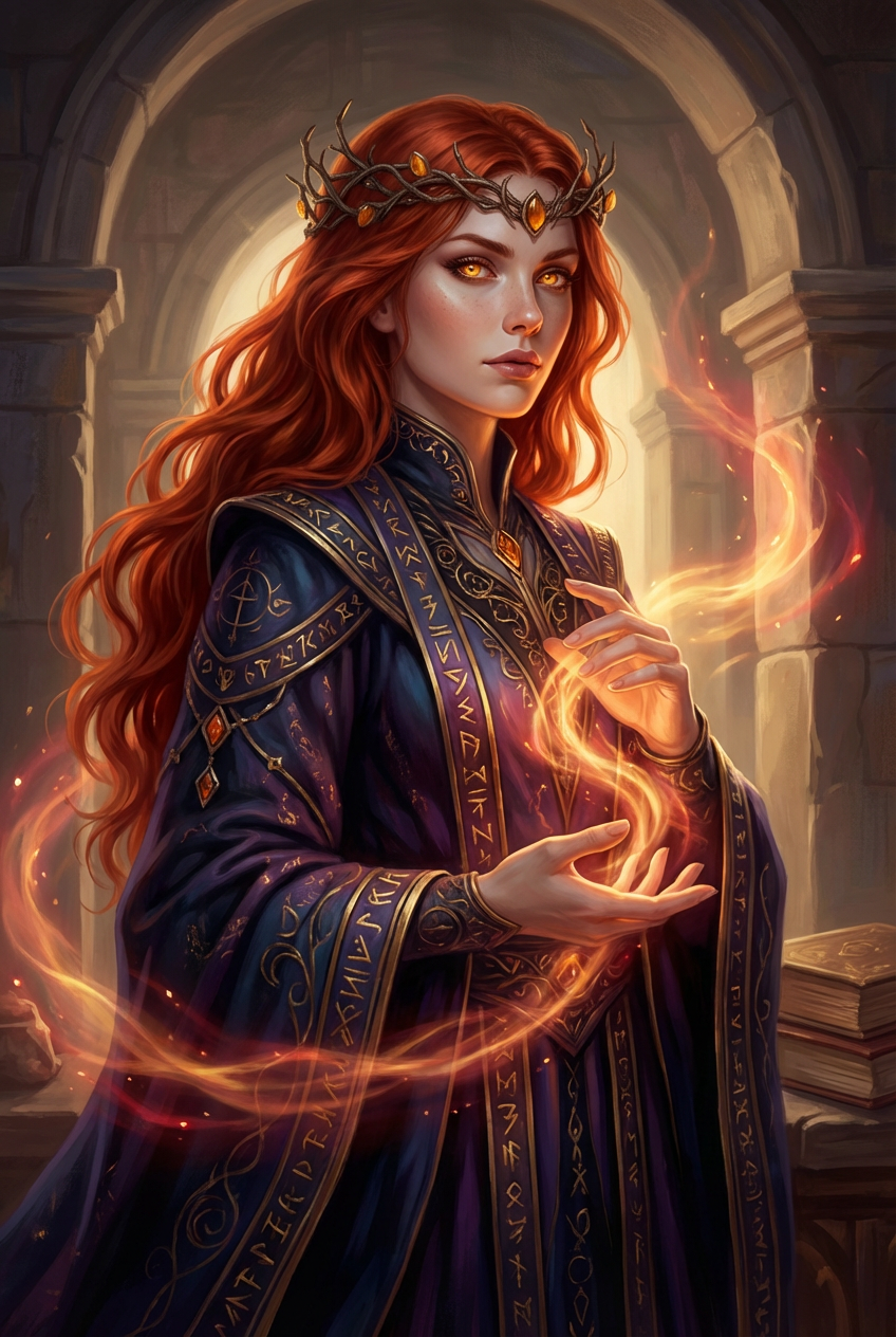 Enchanting Red-Haired Mage Casting Fire Magic