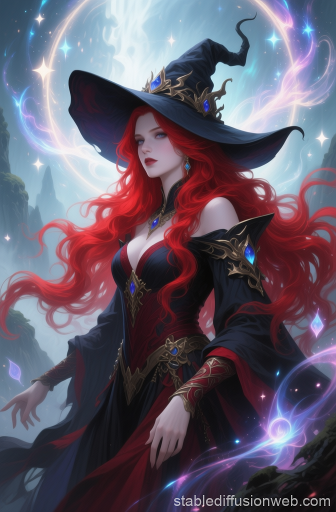 Enchanting Red-Haired Witch in Mystical Night