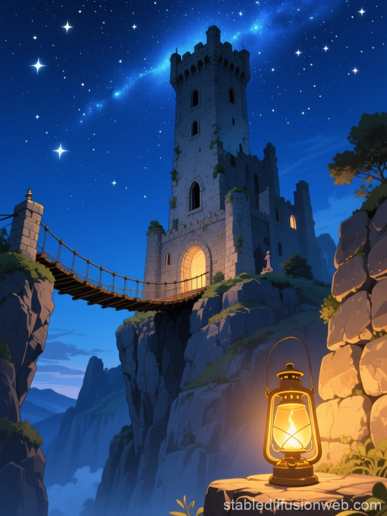Enchanting Ruined Castle on Cliff Under Starry Night