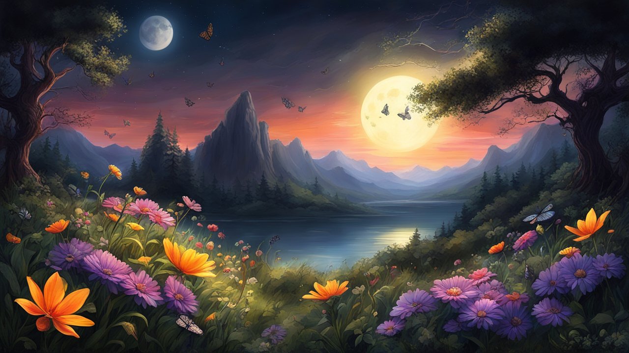 Enchanting Twilight Landscape with Dual Moons and Vibrant Flowers