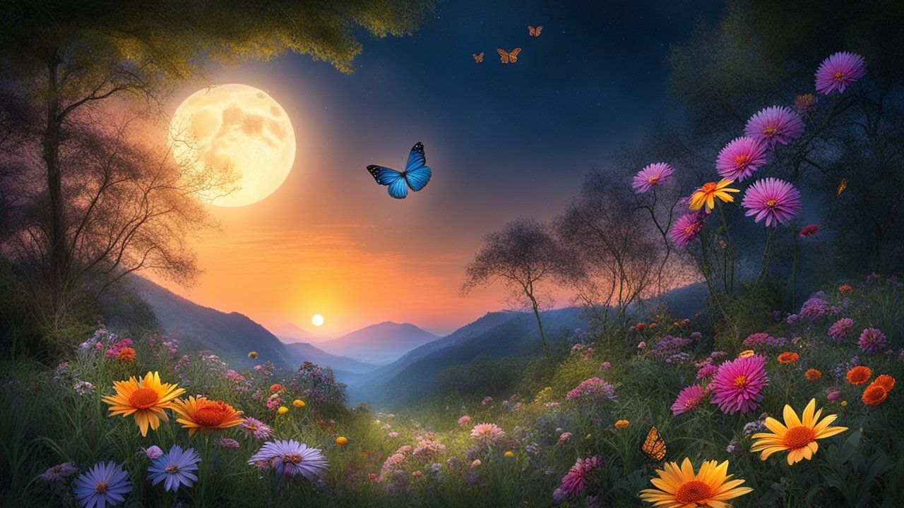 Enchanting Twilight Valley with Flowers and Butterflies
