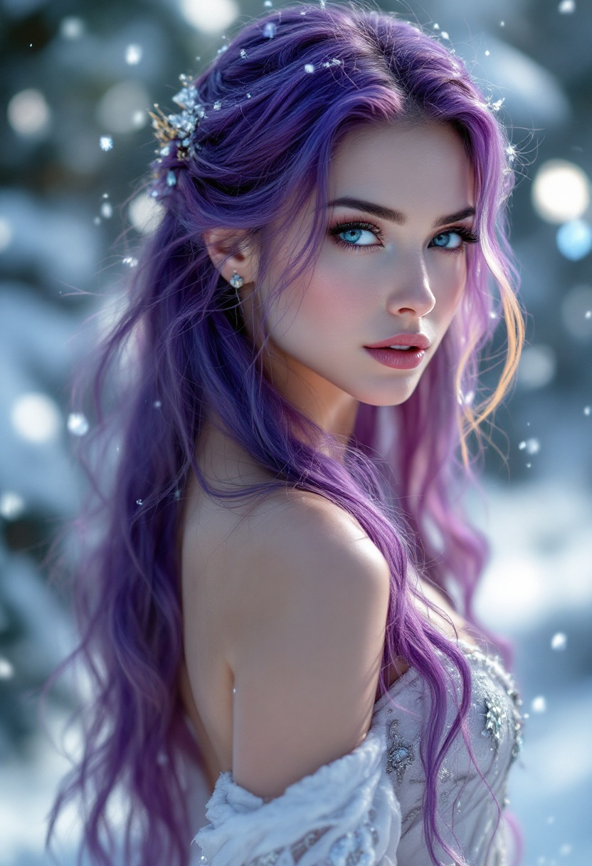 Enchanting Winter Portrait of a Woman with Purple Hair