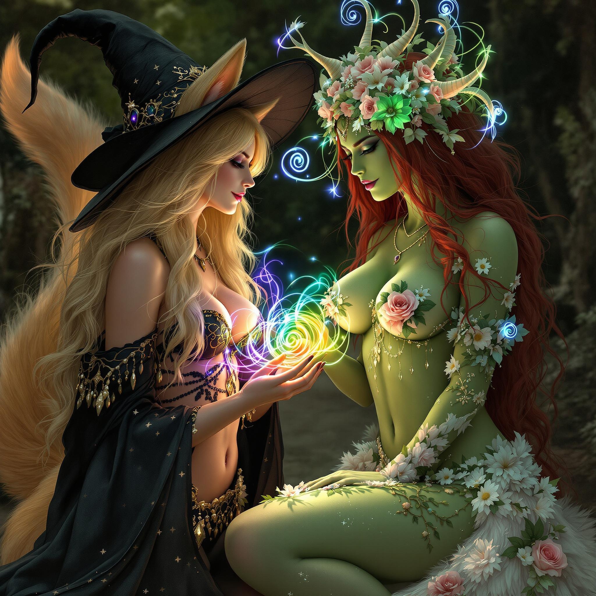 Enchanting Witch and Nature Spirit Sharing Magical Energy