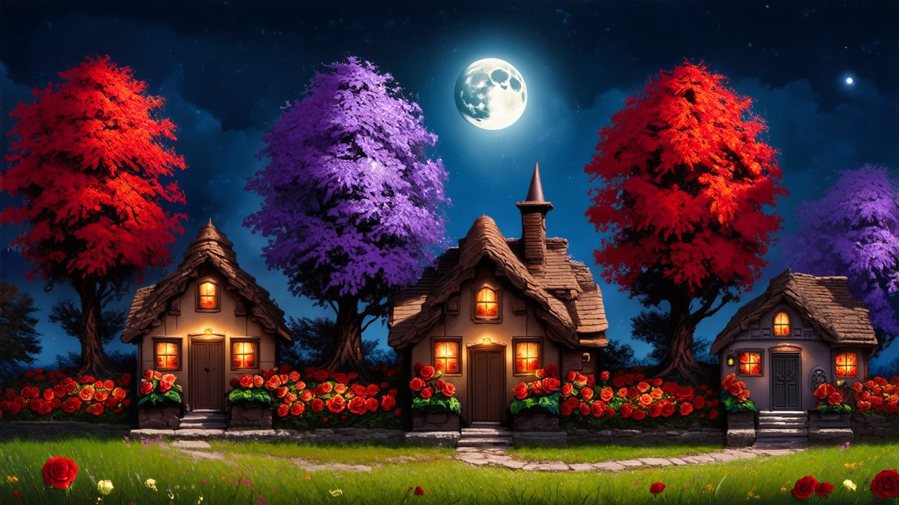 Enchanting Witch Cottages Under a Full Moon