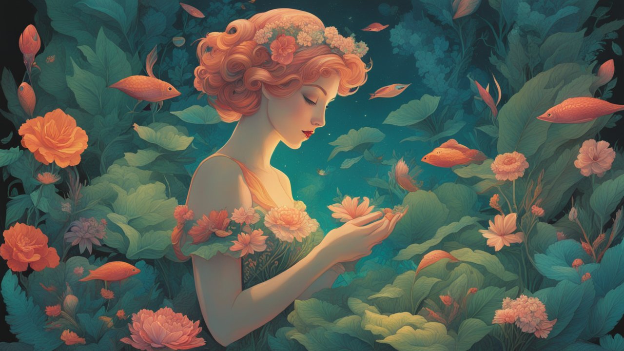 Enchanting Woman Surrounded by Floral and Fish in Dreamlike Garden