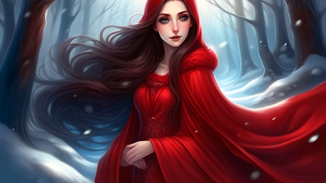 Enchanting Young Woman in Red Cloak in Snowy Forest