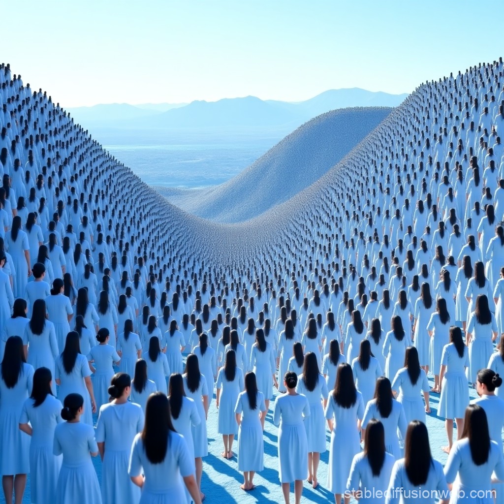 Endless Crowd of Women in White Dresses Forming Waves