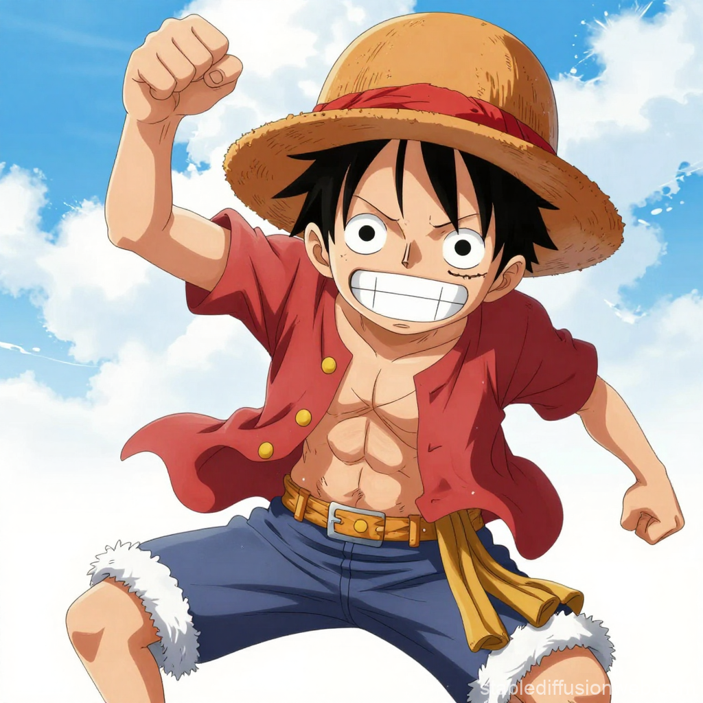 Energetic Anime Character in Straw Hat and Red Shirt