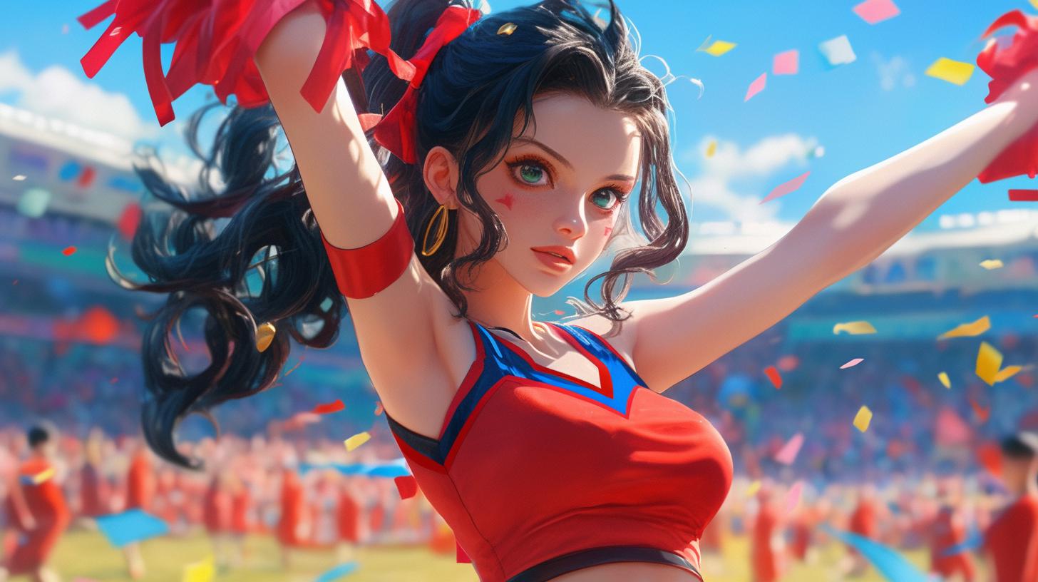 Energetic Anime Cheerleader in Stadium Celebration