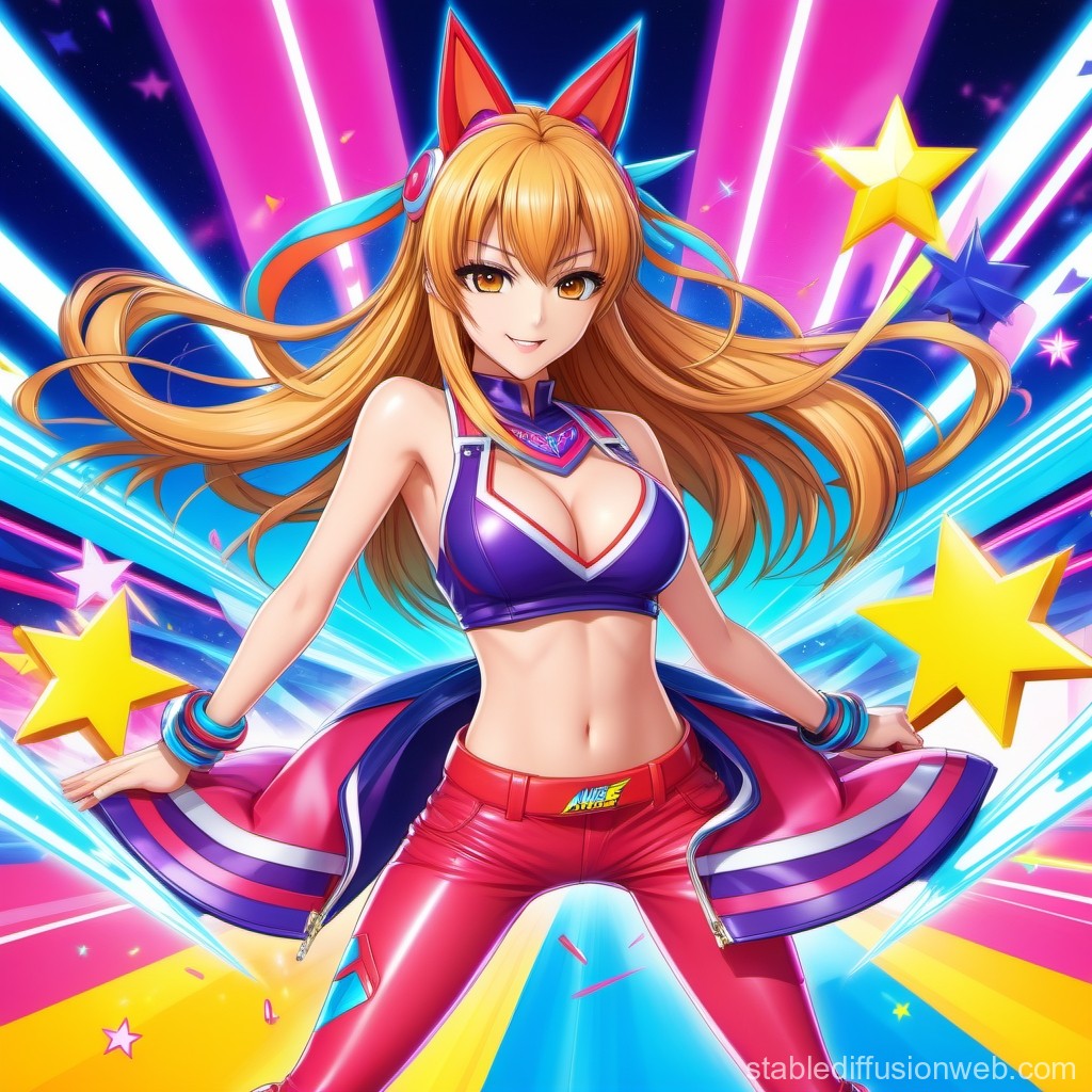 Energetic Anime Girl with Fox Ears and Colorful Stars