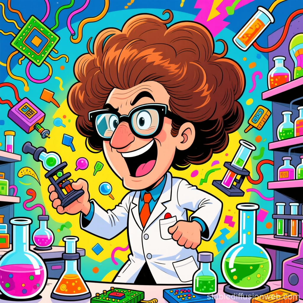 Energetic Cartoon Scientist in Vibrant Lab