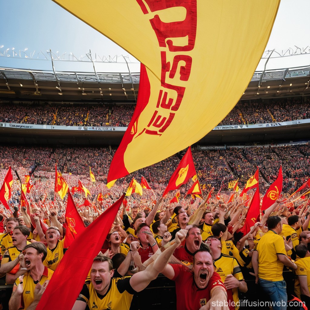 Energetic Crowd Cheering with Red and Yellow Flags at Stadium