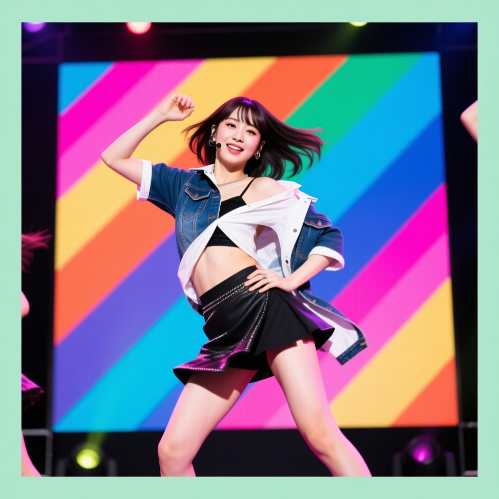 Energetic Female Dancer Performing on Colorful Stage