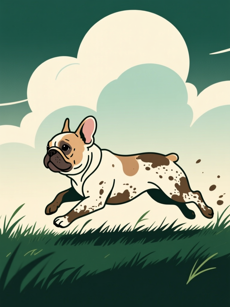 Energetic French Bulldog Running in a Stylized Landscape