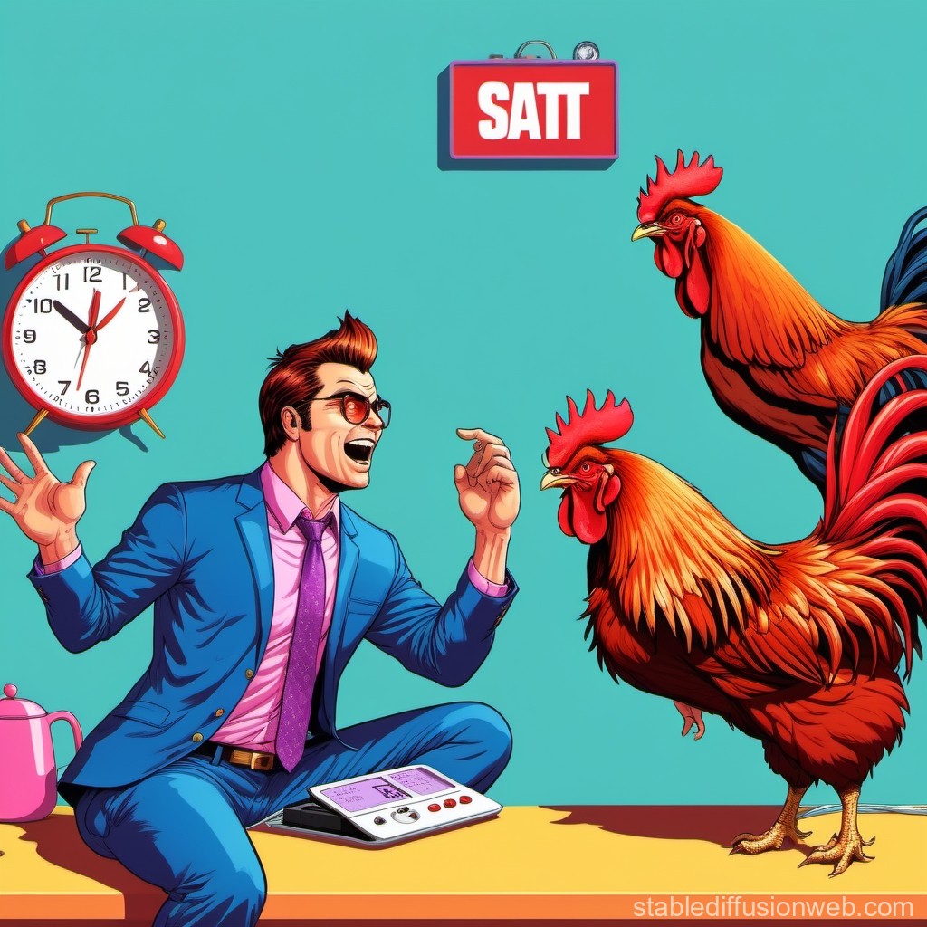 Energetic Man Interacting with Roosters and Alarm Clock