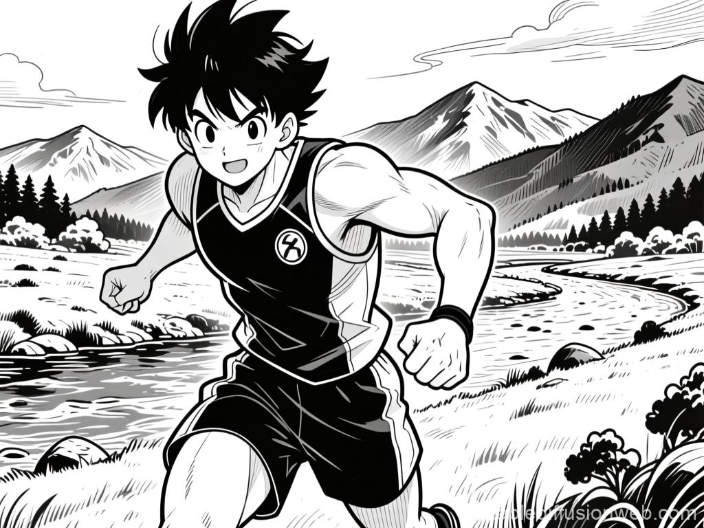 Energetic Manga Athlete Running in Scenic Landscape