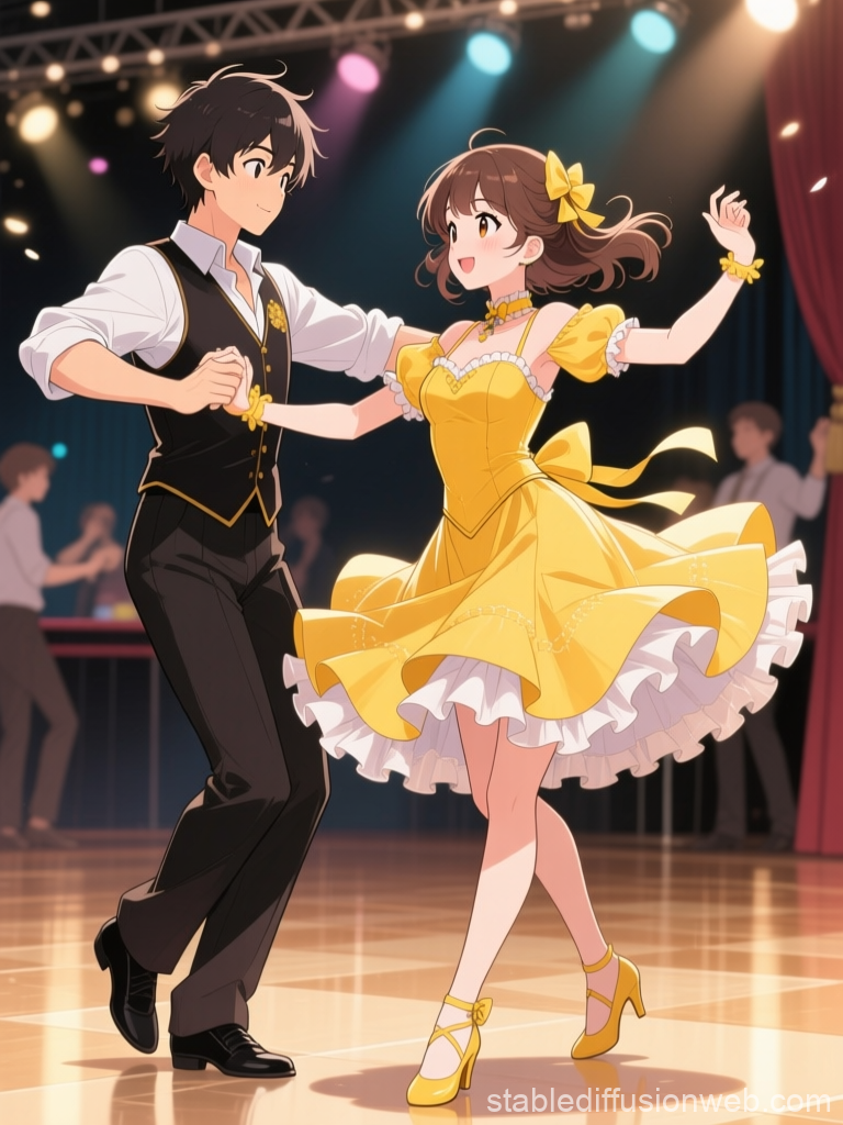 Energetic Square Dance Couple in Yellow Dress