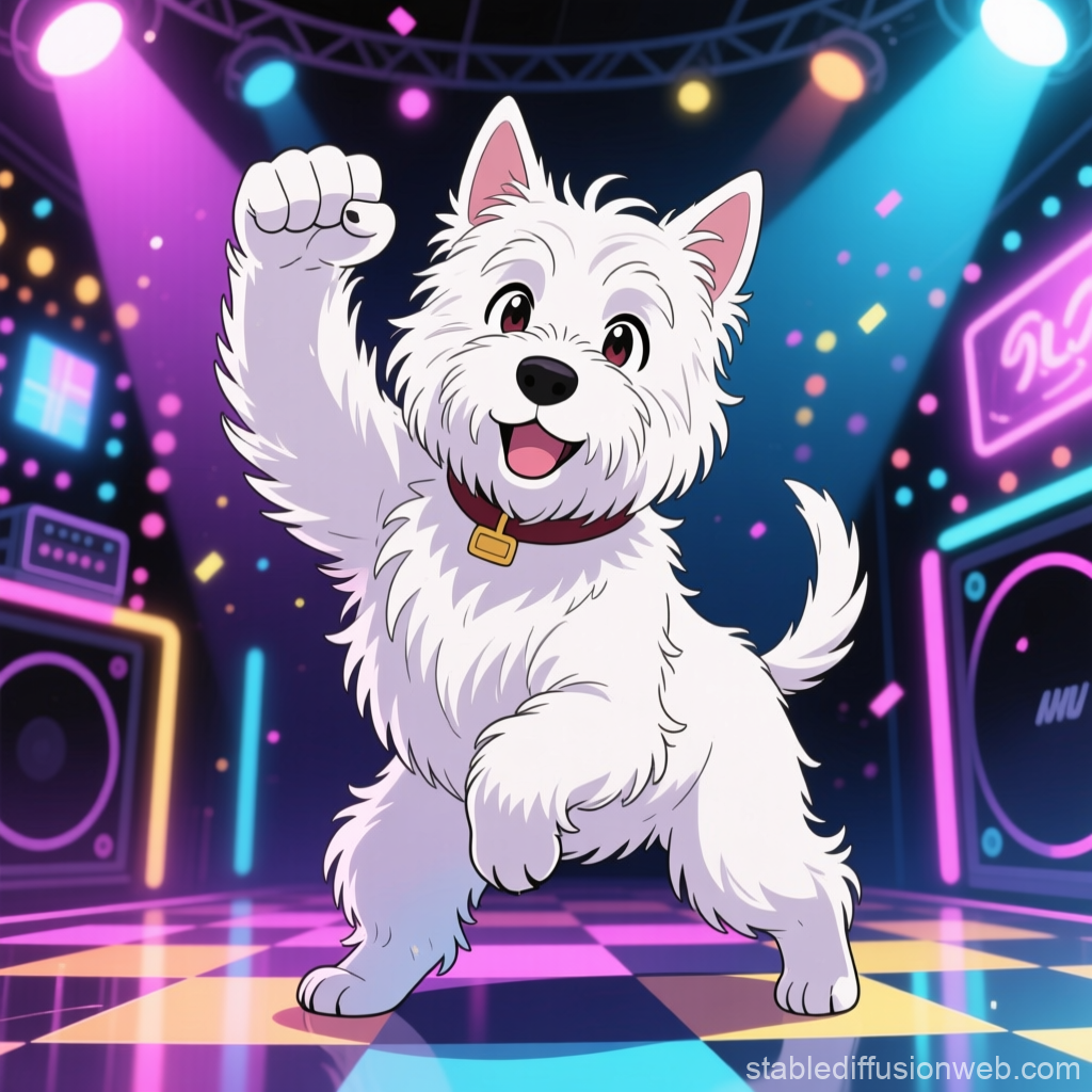 Energetic West Highland White Terrier Dancing in Neon Club