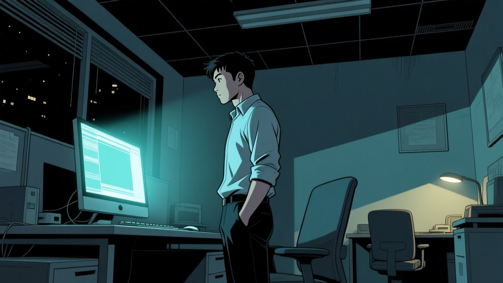 Engineer Working Late in Shadowed Office