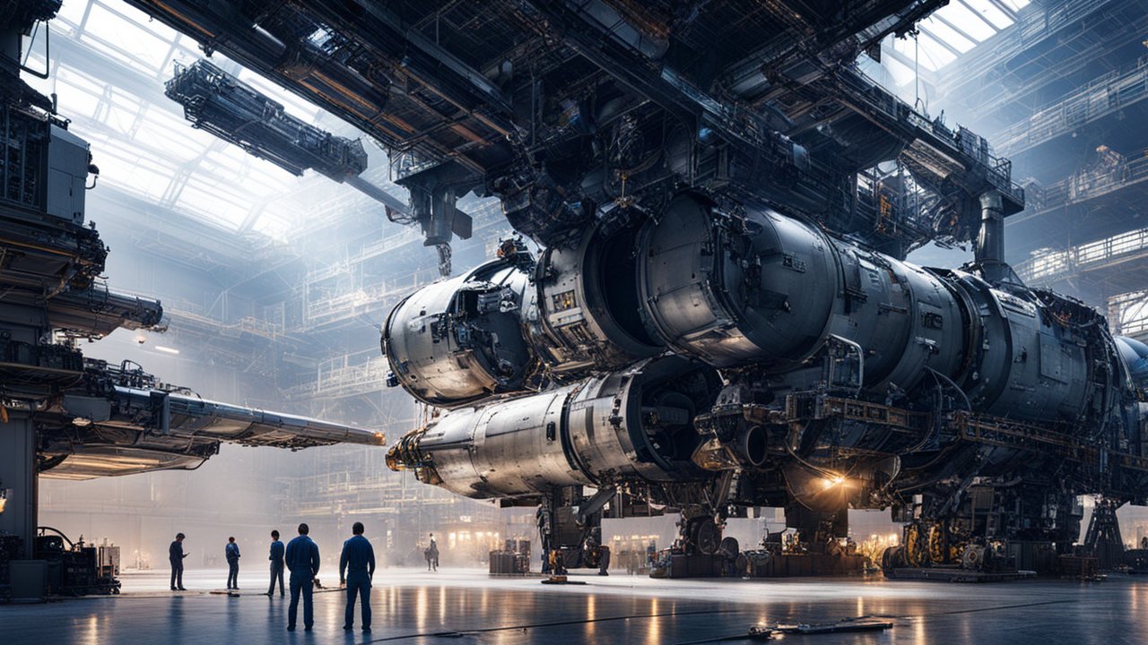 Engineers Repairing Massive Spacecraft in Industrial Hangar