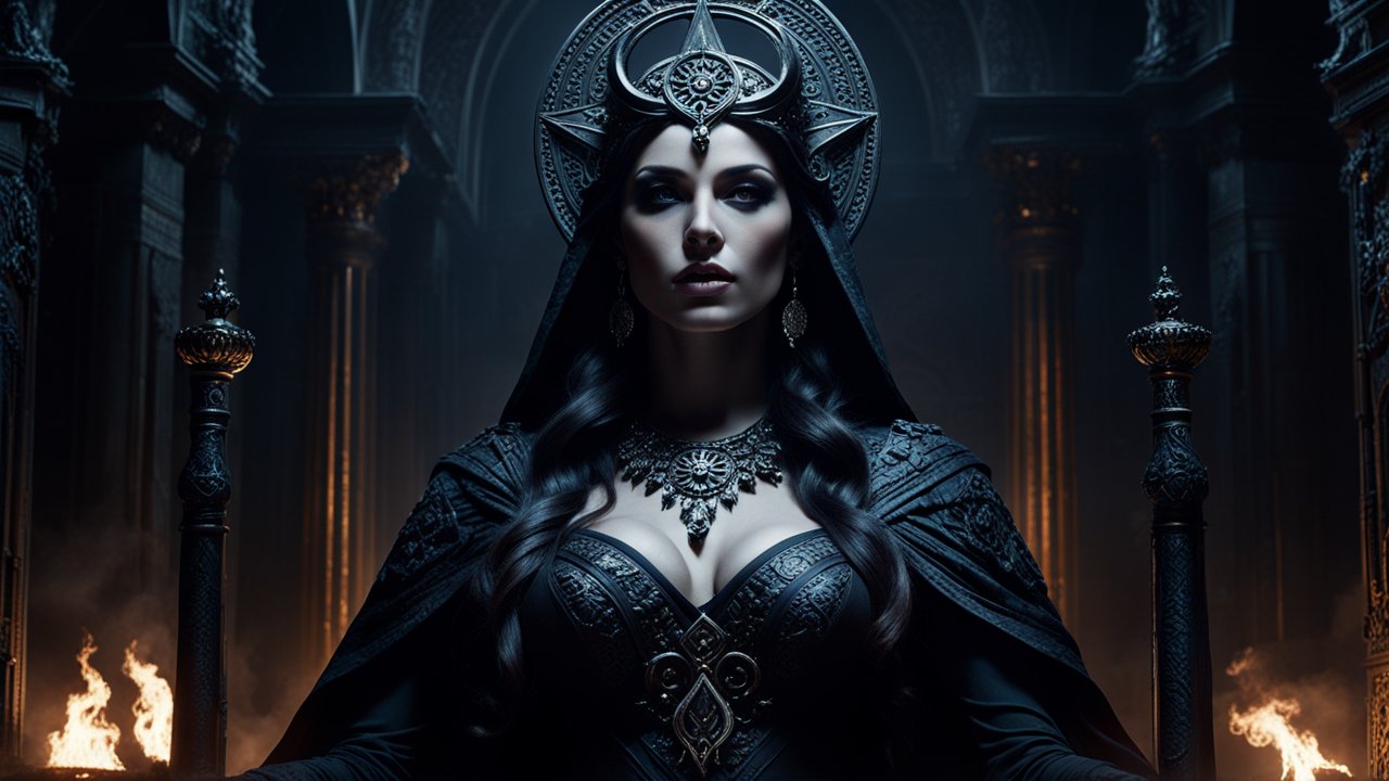 Enigmatic Dark Queen in Gothic Throne Room