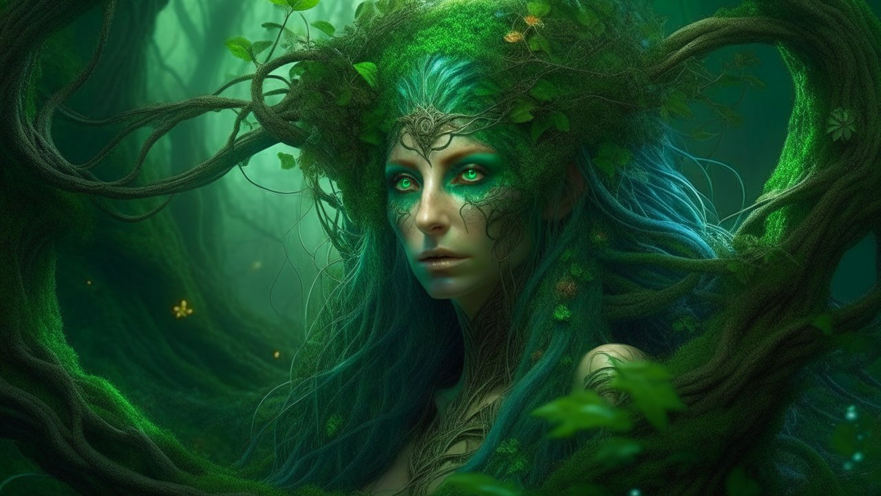 Enigmatic Forest Spirit with Glowing Green Eyes