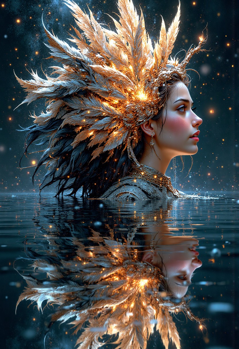 Enigmatic Woman with Glowing Feathered Headdress in Water